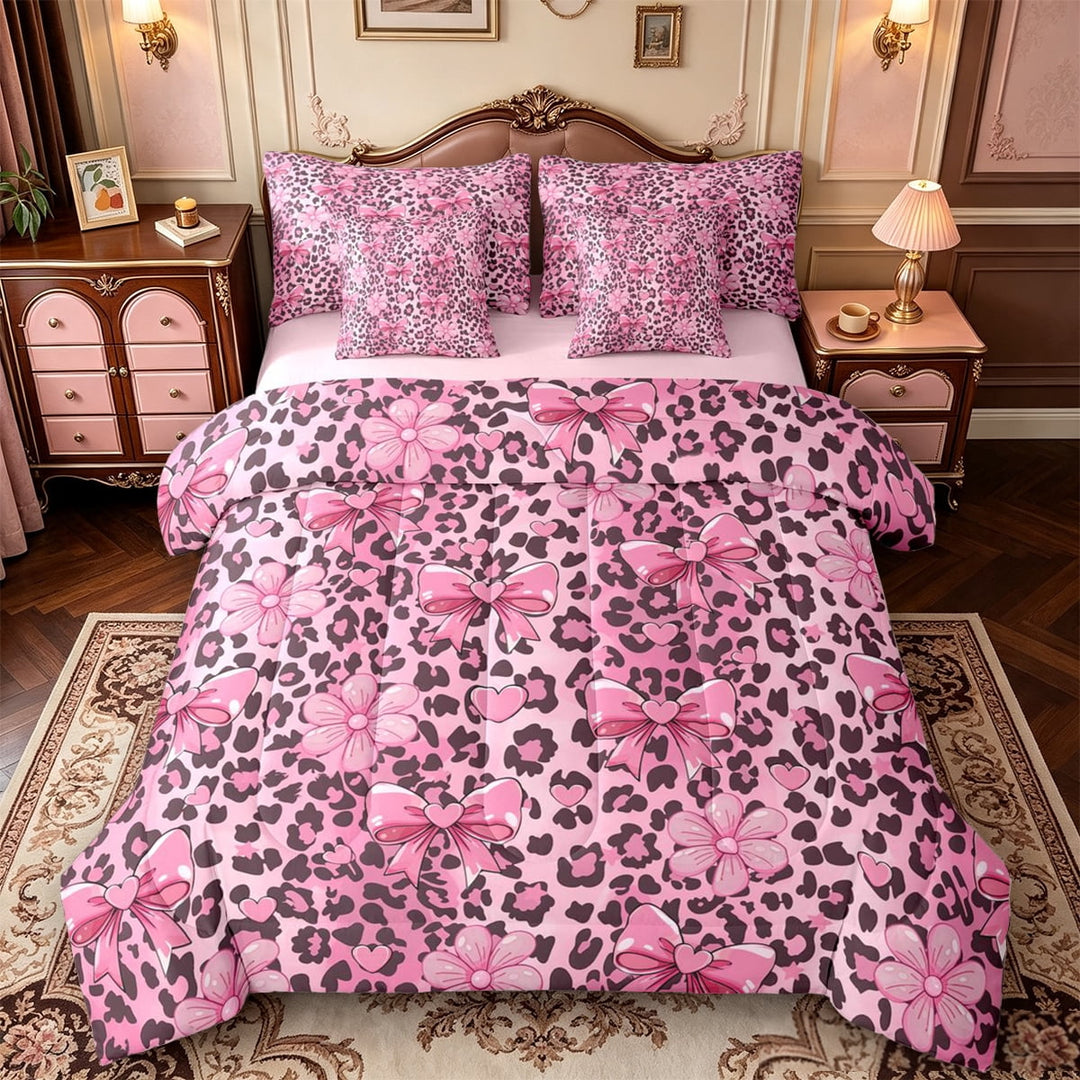 Manfei Vintage Leopard Print 7 Pieces Full Size Bedding Sets,Pink Princess Bow Full Size Bed in a Bag,Pink Reversible