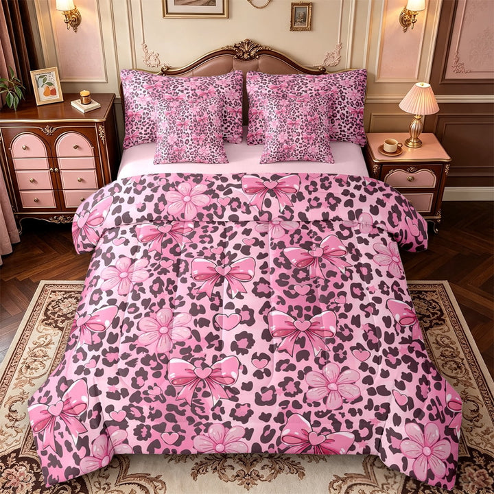 Manfei Vintage Leopard Print 7 Pieces Full Size Bedding Sets,Pink Princess Bow Full Size Bed in a Bag,Pink Reversible