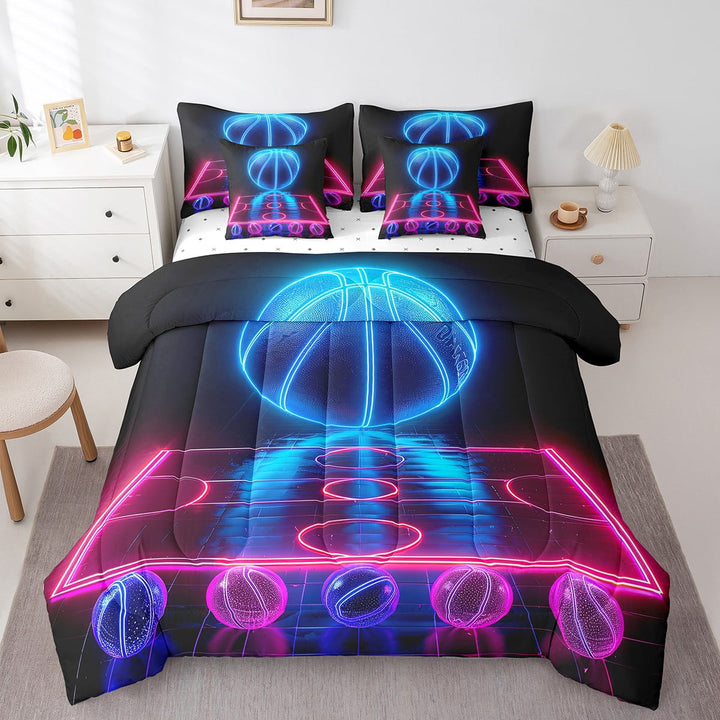 Neon Basketball Comforter Set 7 Piece Bed in a Bag Twin,Basketball Court Bedding Sets Sports Ball Sheet Set with Comforter Basketball Hoop Ball Game Room Decor