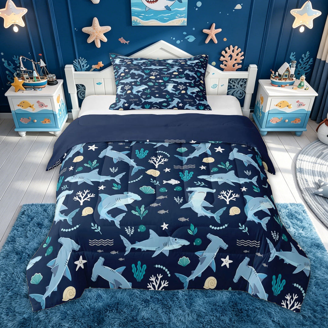 meiyoeat Hammerhead Shark Full Size Comforter Sets for Kids Boys, Underwater Sealife Bedding Comforter Set for Bedroom, Navy, Blue Reversible, 3-Piece