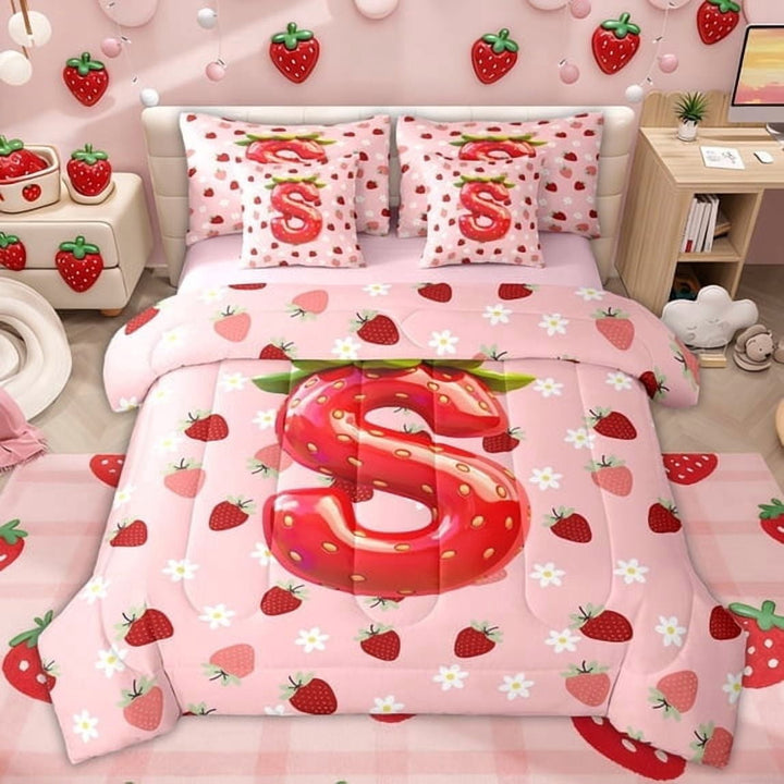 Erosebridal Strawberry Monogrammed S Twin Bedding Sets for Kids, Girls Pink Red Cartoon Bedding Comforter Set, Pink Reversible, 7pcs