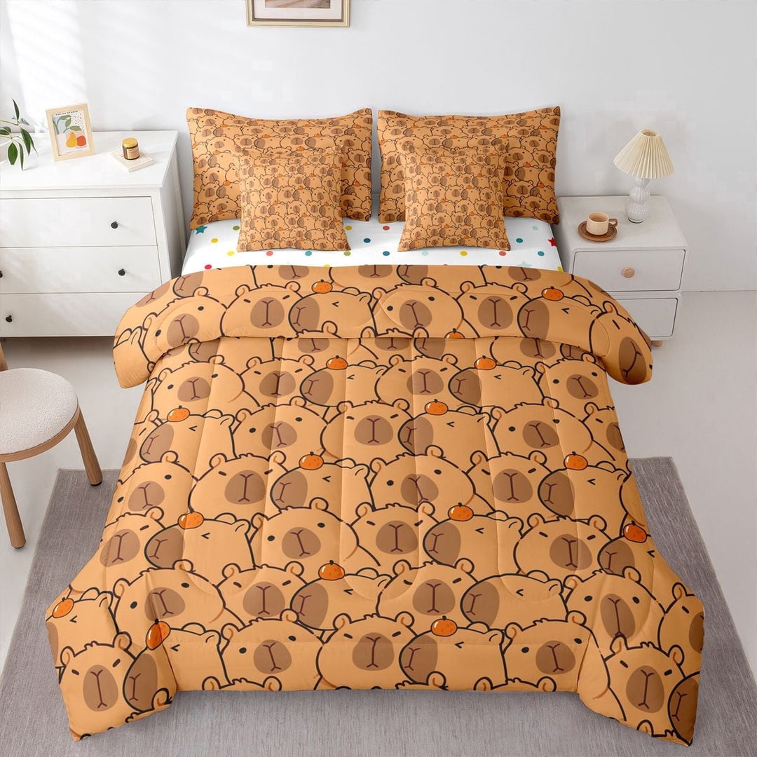 Erosebridal Cartoon Capybara Twin Bedding Sets 7-Piece For Kids,Kawaii Animal With Fruit Orange Bedding Comforter Set For Boys Girls,Luxury Bedroom Decor