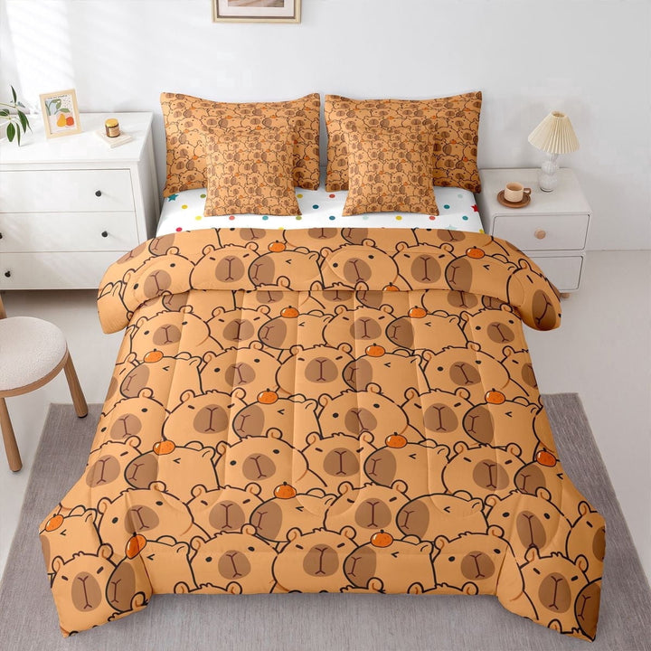 Erosebridal Cartoon Capybara Twin Bedding Sets 7-Piece For Kids,Kawaii Animal With Fruit Orange Bedding Comforter Set For Boys Girls,Luxury Bedroom Decor