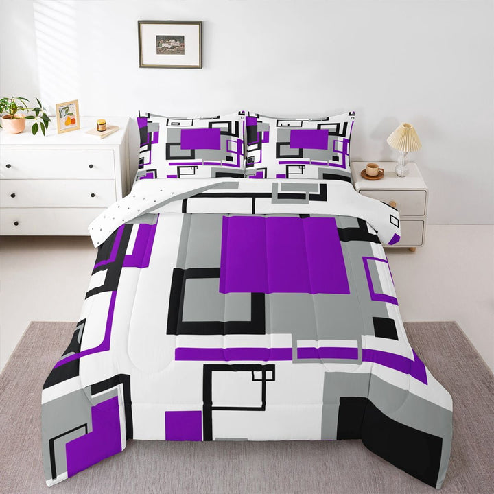 Erosebridal Purple Grey Comforter Set Black White Gray Geometric Bedding Sets King Women,Geometry Striped Girds Bed Comforter Modern Abstract Art Quilt Duvet Insert 2 Pillow Cases