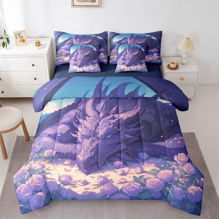 7 Pieces Dragon Bed Sets Twin With Loong Comforter And Sheets - Rose Flower Bed In A Bag Teens Bedroom, Purple Floral Rustic Comforter And Bedding Sheet Set Flower Pillowcase