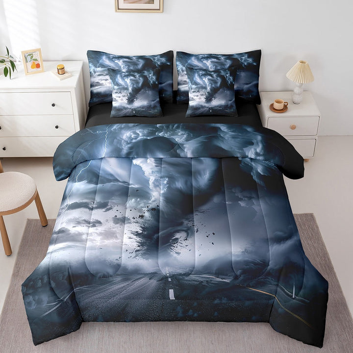 Natural Disaster Bed In A Bag Queen Storm Lightning Comforter Set 7 Piece ,Tornado Highway Bedding Set Field Nature Sheet Set With Comforter