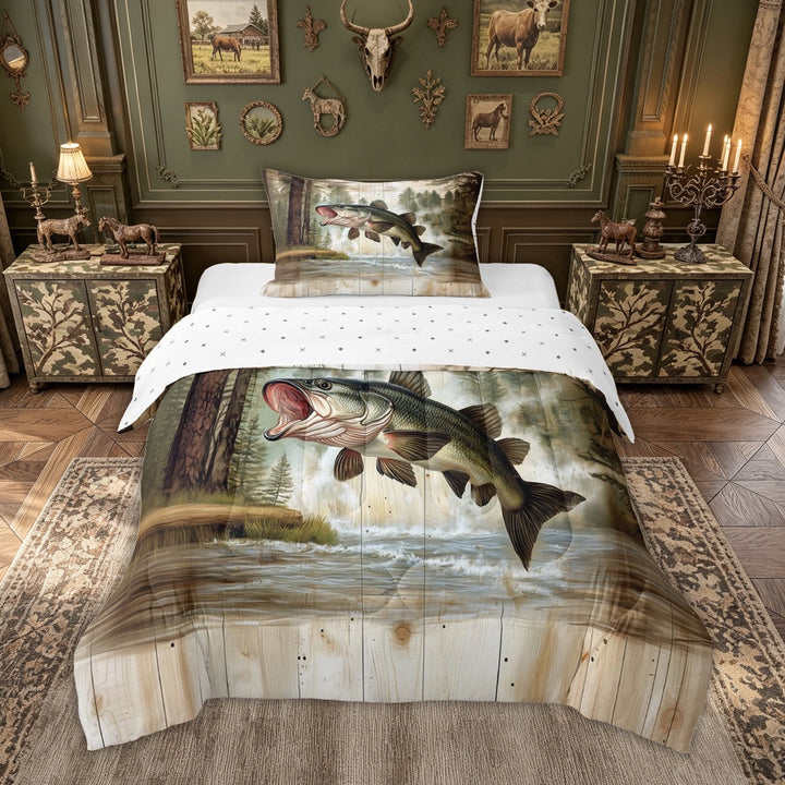 meiyoeat Hunting Bass Fish Animal Full Size Comforter Sets for Men Boys, Retro Lake House Bedding Comforter Set, Green Brown, Reversible, 3-Piece, 1 Comforter and 2 Pillowcases