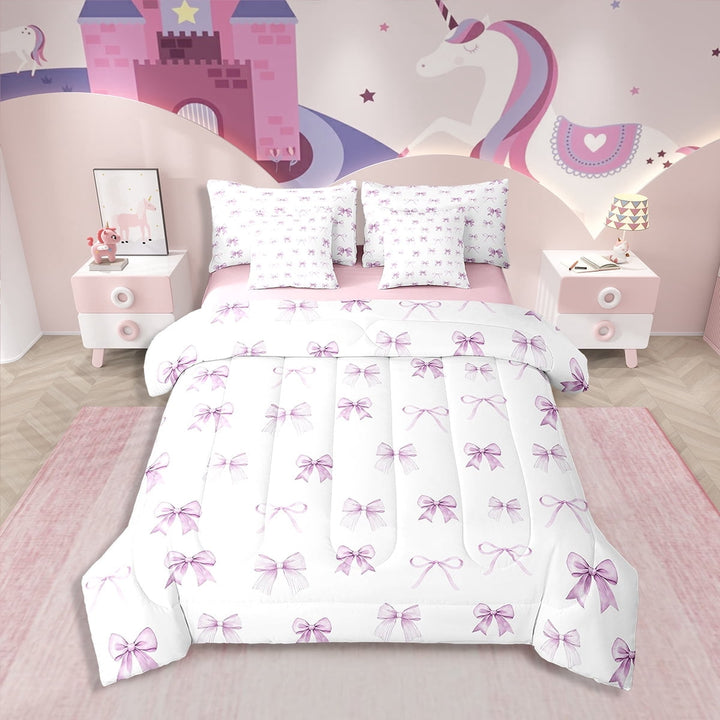 Erosebridal Princess Bow-Tie Bedding Sets Twin Size, Plaid Bowknot Comforter Sets with Sheets, Pink, Reversible 7 Pieces