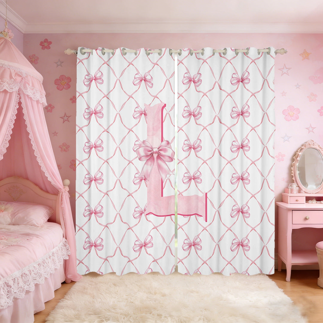 Manfei Personalized Letter L Curtains for Living Room,Monogrammed Theme Blackout Curtains Set of 2 (38x45),Cartoon Bow Bowknot Curtains and Drapes (38x45),Ultra Soft Bedroom Decor
