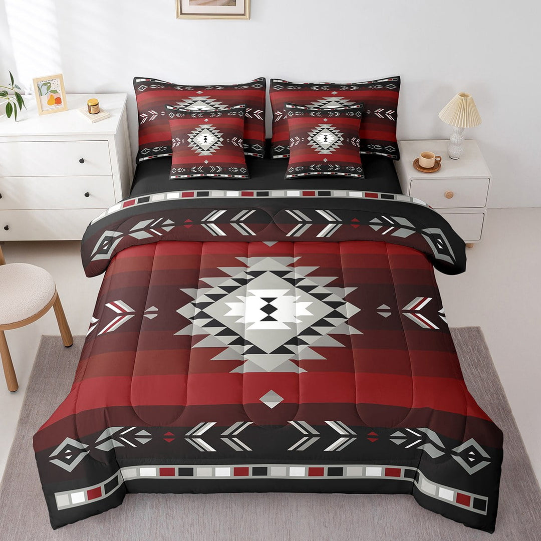 Erosebridal Full Size Southwest Design 7 Piece Bedding Set Southwestern Geometric 7 Piece Bedding Set Tribal Bed Set Includes Comforter,Sheet Set,Pillowcases &amp; Pillow Covers Red Grey