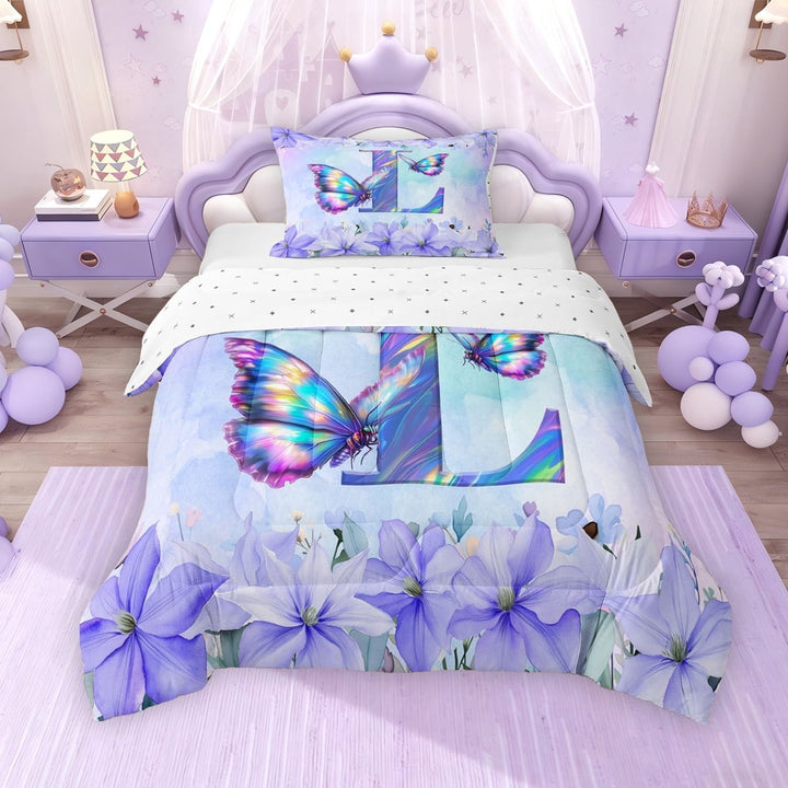 Erosebridal Purple Butterfly Twin Comforter Sets for Girls, Garden Flower Floral Bedding Set, Monogrammed L, Reversible, 1 Comforter and 1 Pillowcase