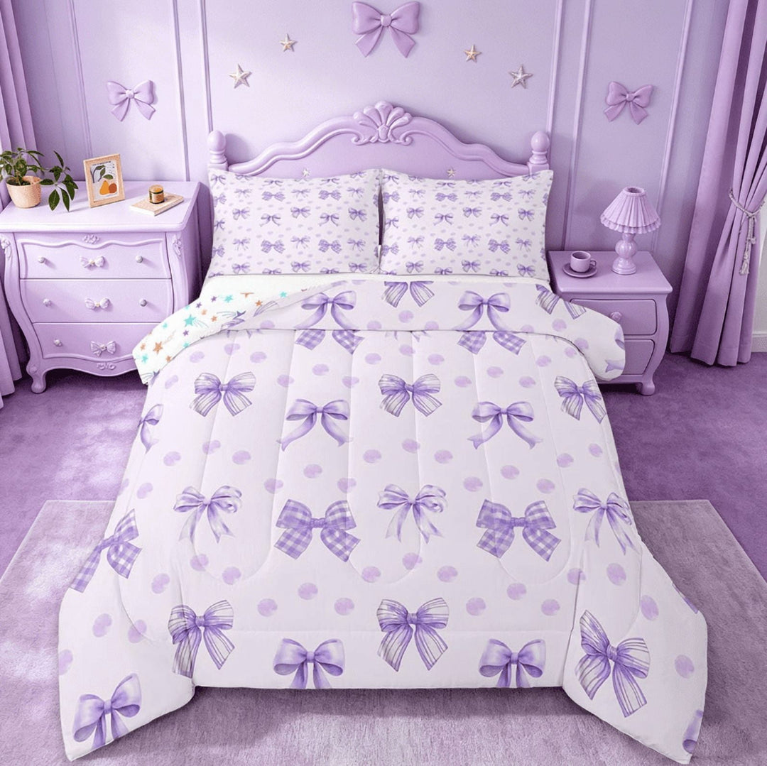 Manfei Girls Purple Bow Full Size Comforter Sets,Girly Cute Dot Bowknot Bedding Sets For Girls,Princess Bow-Tie Reversible 3 Pieces