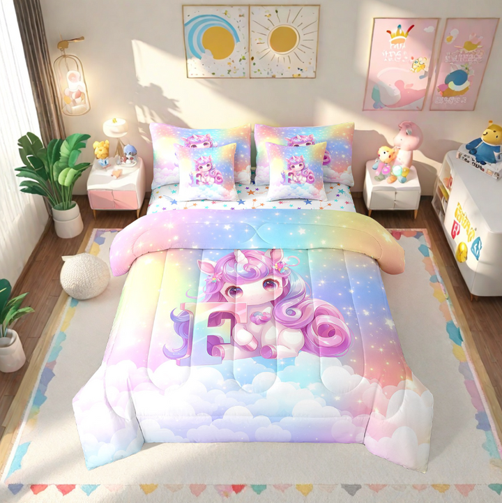 Erosebridal Magical Unicorn Bedding Sets Twin Size, Rainbow Stars Comforter Sets With Sheets, Monogrammed Letter F Bed In A Bag Twin Size,Lightweight Bedroom Decoration,7-Piece Reversible