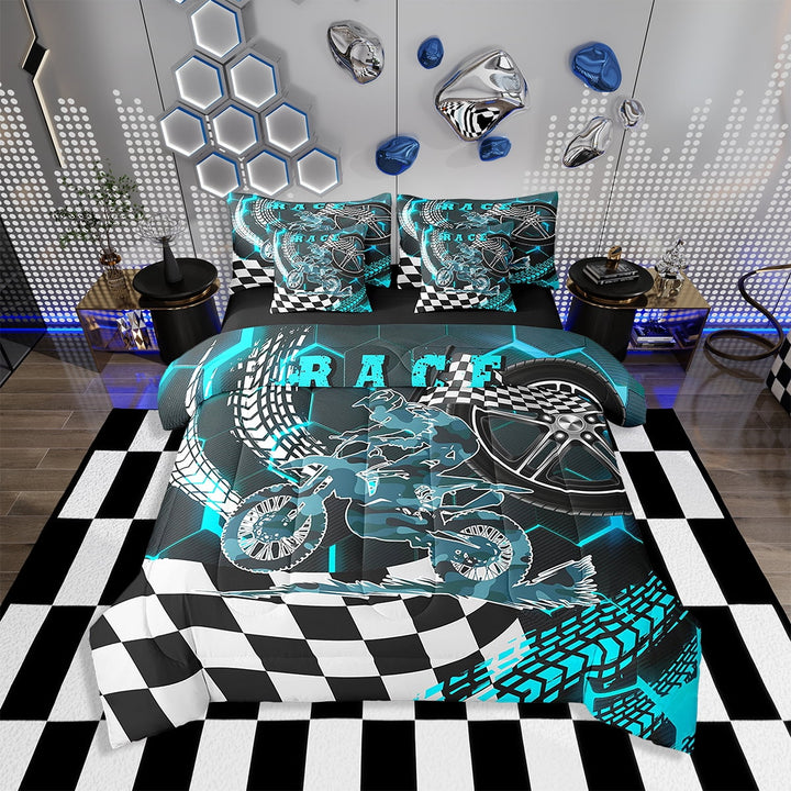 Racing Motorcycle Bedding Sets ,Cyan Neon Lights Honeycomb Comforter Set 7 Piece Bed in a Bag Twin Dirt Bike Motocross Sheet Set with Comforter Moto Extreme Sports Bed Set
