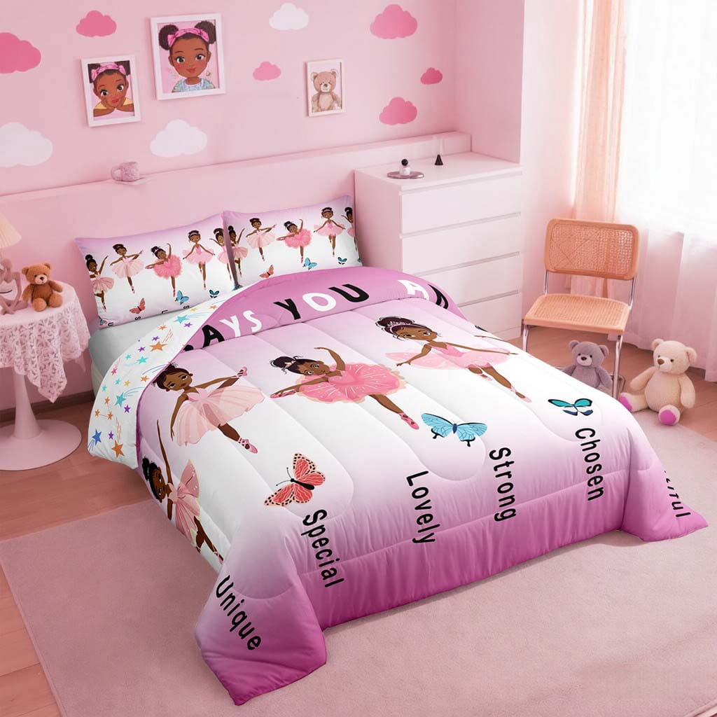 Erosebridal American African Ballerinan Comforter Set Black Full Bedding Sets Hot Pink Comforter Sets Ballet Princess Reversible Bed Set (1 Comforter And 2 Pillow Cases)