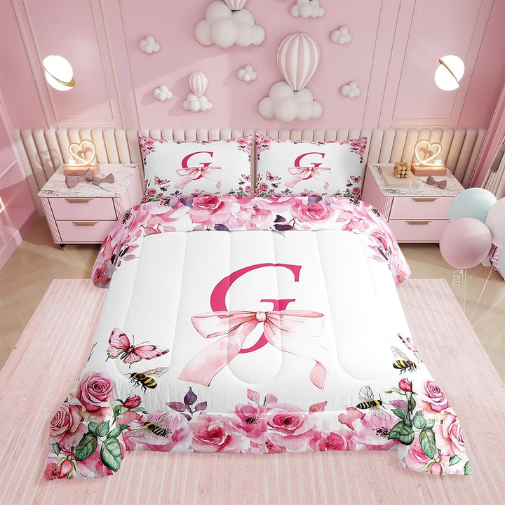 Initial Letter G Comforter Set Twin,Initial A-Z Bedding Set,Floral Bowknot Down Comforter,Romantic Rose Alphabet Reversible Bed Set with 1 Pillowcase Warm