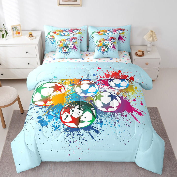 Erosebridal Star Soccer Bedding Sets Twin Size For Teens,Watercolor Splash Comforter Sets with Sheets,Sport Theme Bedroom Decor,Reversible,7pcs