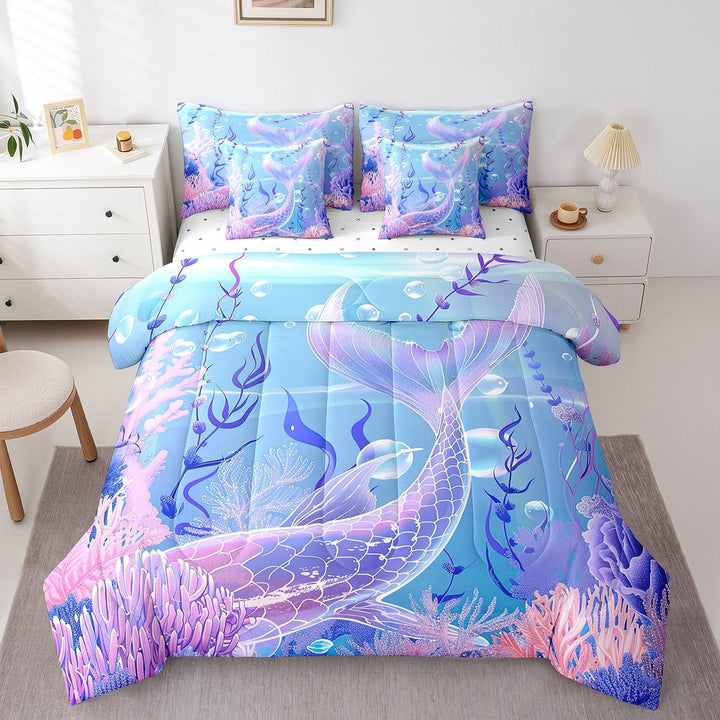 Purple Mermaid Tail Bed in a Bag Queen Comforter Set 7 Piece,Mermaid Bedding Set Nautical Sea Animal Sheet Sets with Comforter Blue Ocean Coastal Creature Bed Set,Kawaii Room Decor