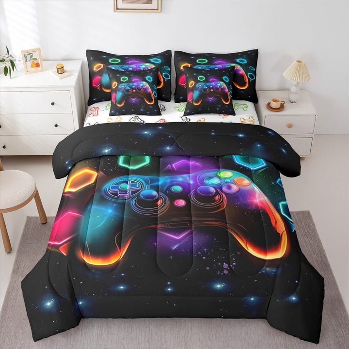 7 Pieces Gaming Bedding Set Twin Size,Space Glow Geometry Room Decor (Gamepad Reversible)