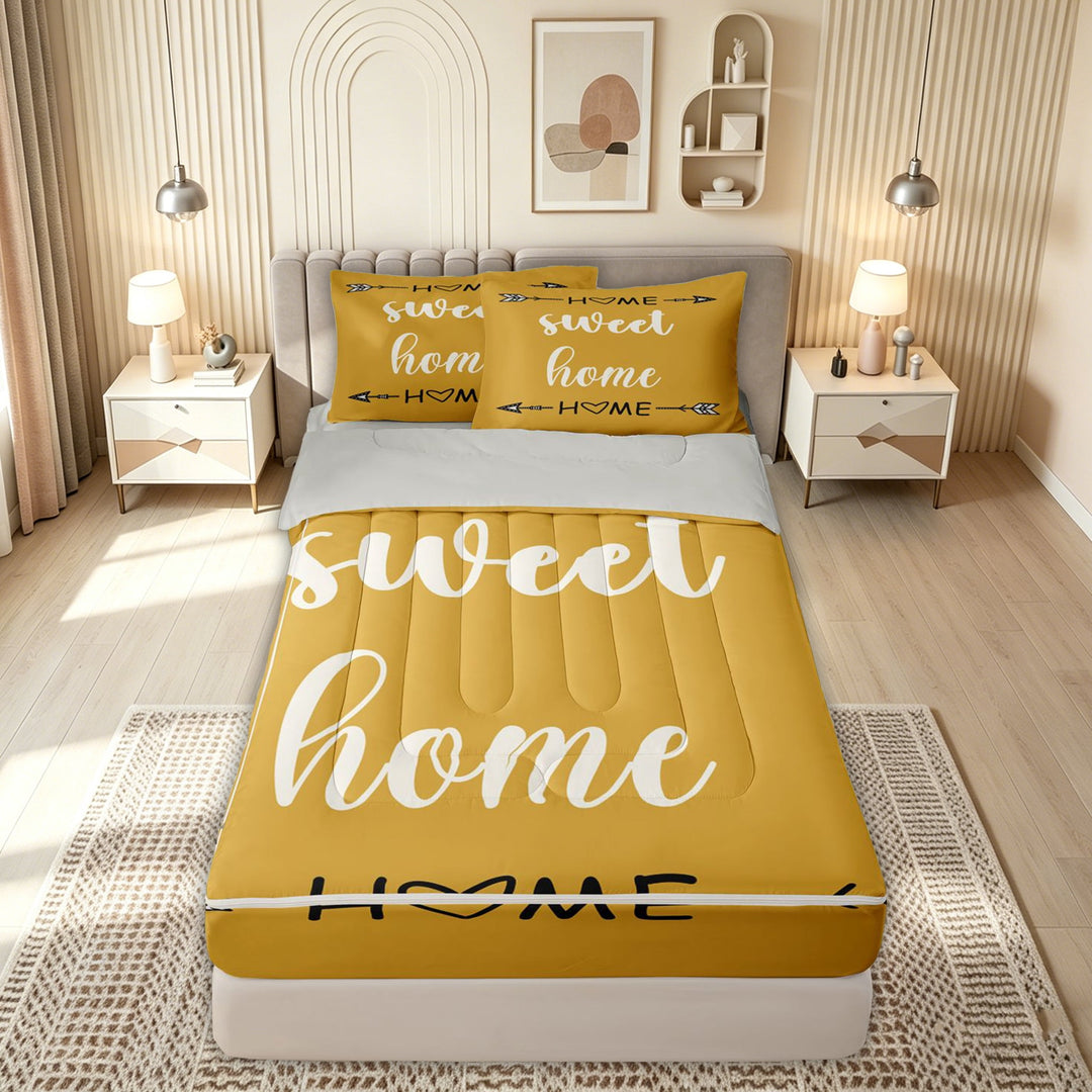 meiyoeat Rustic Home Sweet Zipper Comforter Set with Fitted Sheet and 2 Pillowcases for Adults Men Women, Arrow Quote Zipper Bedding Set, Mustard Yellow, Grey Reversible, 3 Pieces