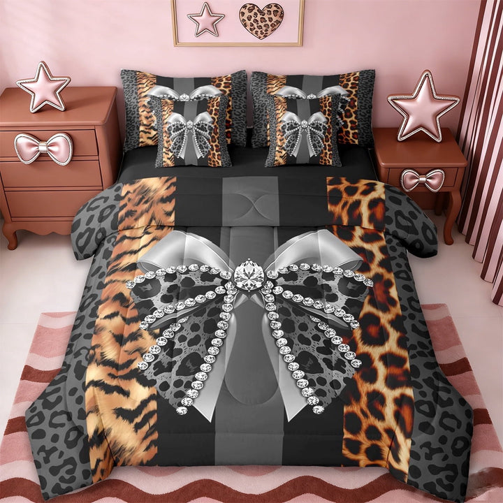 Erosebridal Fashion Cheetah Print 7-Piece Twin Bedding Sets,Gray Leopard Pattern Bows Bedding Comforter Set For Kids Girls,Reversible black
