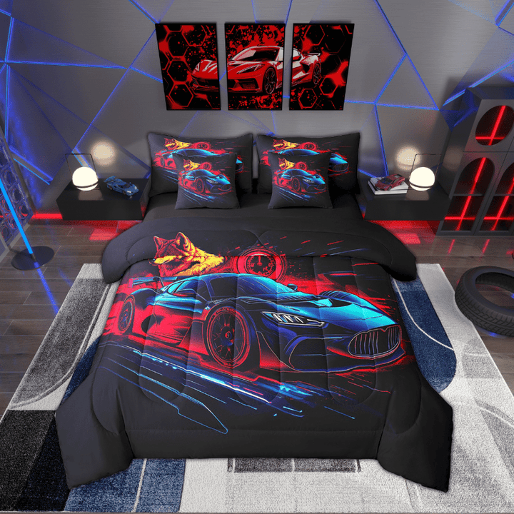 Erosebridal Cool Sports Car Bedding Set Race Car Twin Comforter Set With Sheets Teen Men Wolf Racing Car 7 Piece Bed In A Bag Extreme Sports Games Bed Set Red Blue Room Decor