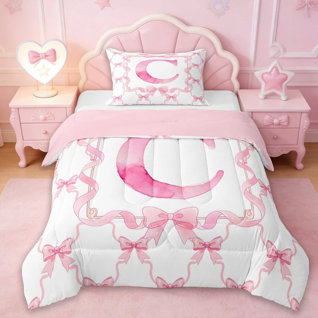 Erosebridal Cute Pink Bowknot Twin Comforter Sets,Girls Letter C Monogrammed Bedding Set For Kids,Reversible pink,2pcs