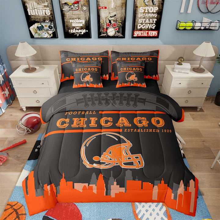 7 Piece Sports Bedding Sets,American Football Fans Bed in a Bag Twin Size Rugby Player Comforter Set with Sheets Football Lovers Bed Set Orange Black Sheets (Chicago)