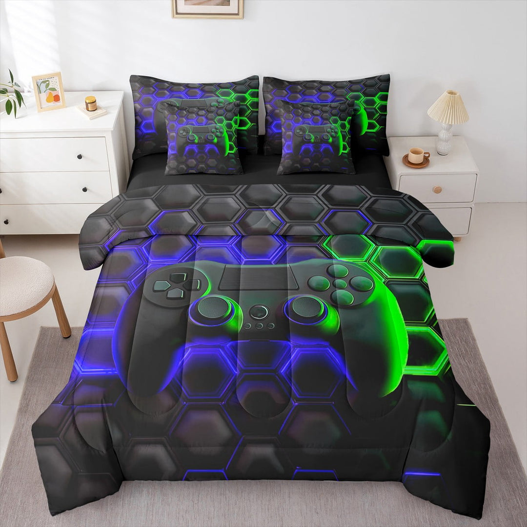 Erosebridal Gamepad Bedding Twin Size, Gradient Neon Geometric Bed Set, Blue Green Reversible Bedding Sets Twin Size, Super Cozy Room Decoration, 7-Piece