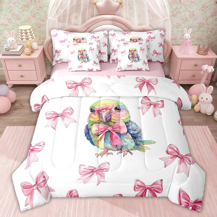 Erosebridal Parrot Comforter Sets Twin Size, Kawaii Animal Bedding Comforter Set, Princess Bow Decor, Pink Reversible 7pcs