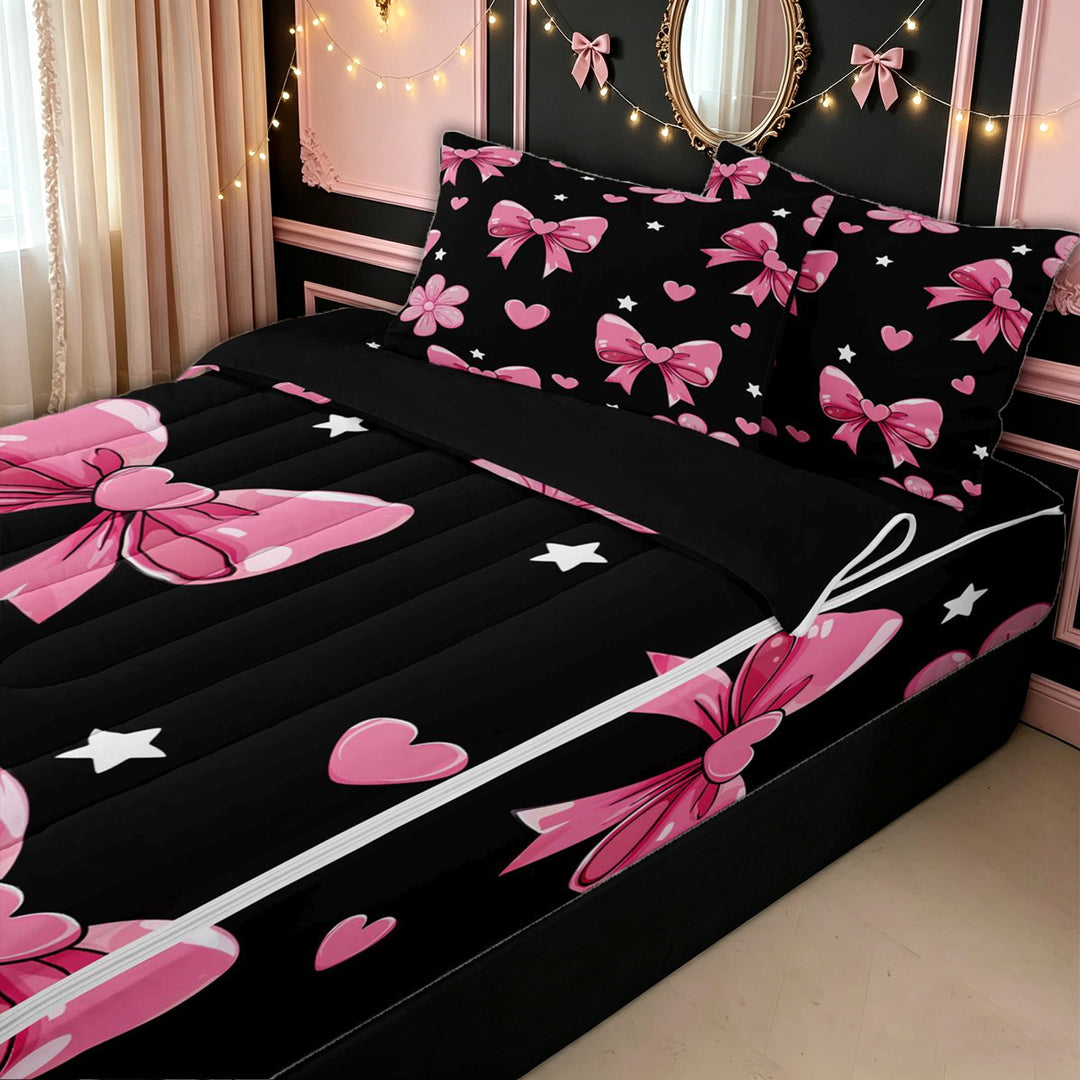 meiyoeat Black Pink Princess Bow Zipper Full Size Comforter Sets with Fitted Sheet and 2 Pillowcases for Kids Girls, Cute Love Heart Stars Print Zipper Bedding Set, Black ReversibleG