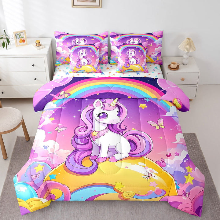 Erosebridal Cute Unicorn Bed in a Bag Full size 7 Pieces , Stars Reversible