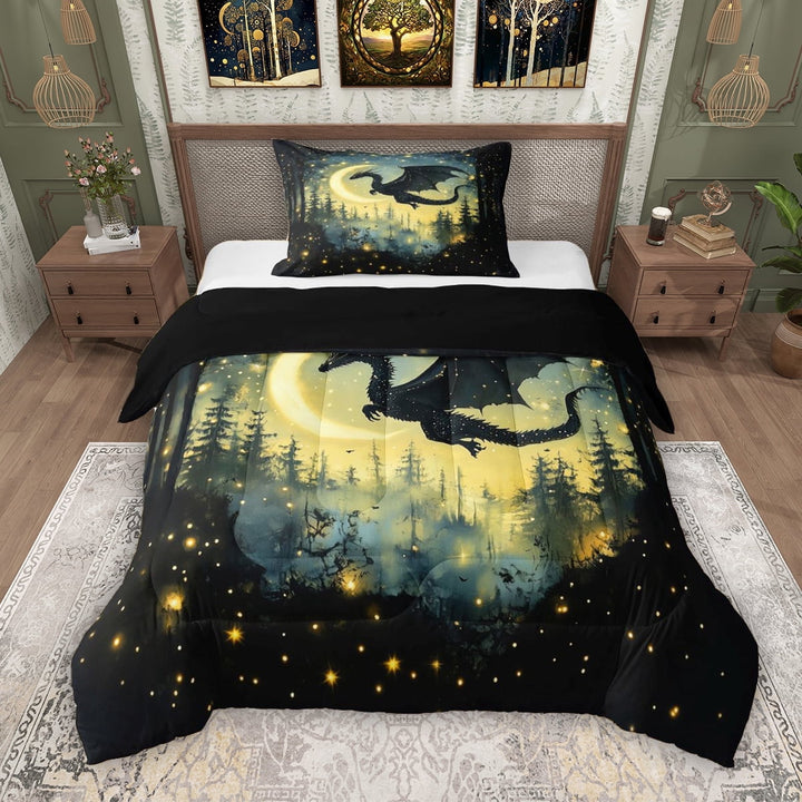 Erosebridal Magic Dragon Twin Comforter Sets for Boys, Magical Jungle Night Bedding Set, Black Reversible, 1 Comforter and 1 Pillowcase