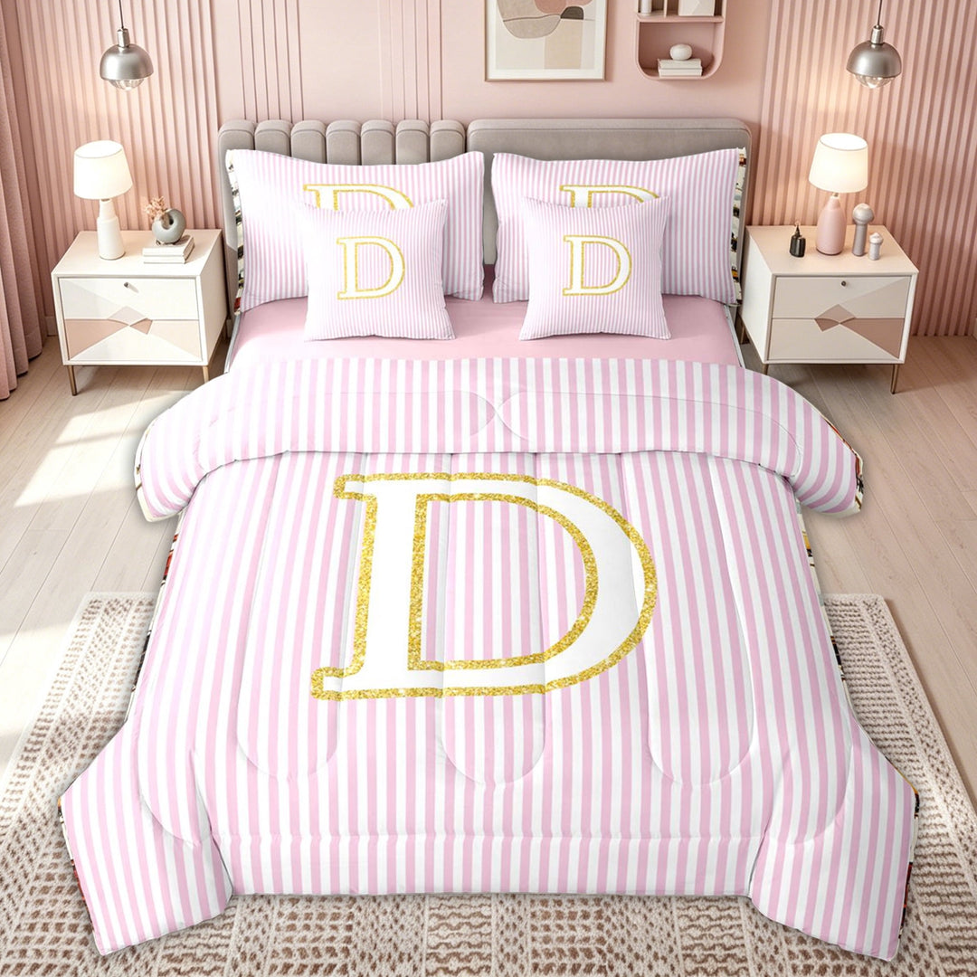 meiyoeat Preppy Letter D Full Size Bedding Sets for Kids Girls Women, Gold Glitter Full Size Bed in a Bag for Bedroom, Pink Reversible, 7pcs