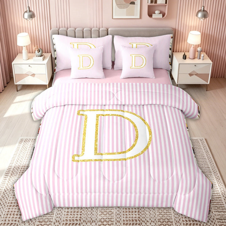 meiyoeat Preppy Letter D Full Size Bedding Sets for Kids Girls Women, Gold Glitter Full Size Bed in a Bag for Bedroom, Pink Reversible, 7pcs