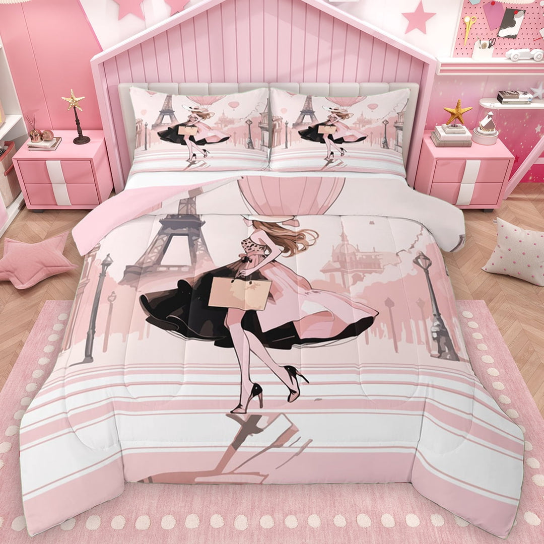 Manfei Fashion Paris Girl Full Size Comforter Sets for Teens, Modern Pink Fashion Bedding Comforter Set, Romantic Eiffel Tower Reversible Bedding Sets, Lightweight Room Decor, 3-Piece