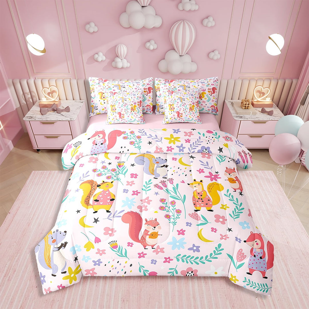 Erosebridal Kawaii Squirrel Bed in a Bag Twin size 7pcs, Woodland Animal Comforter Sets with Sheets, Reversible
