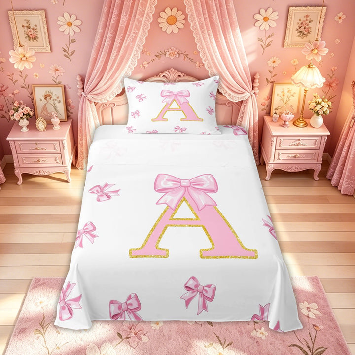 Meiyoeat Fashion Bow A Letter Full Size Sheets for Girls Kids, Sequin Print Initial Bed Sheets, Pink Gold, 4 Pieces