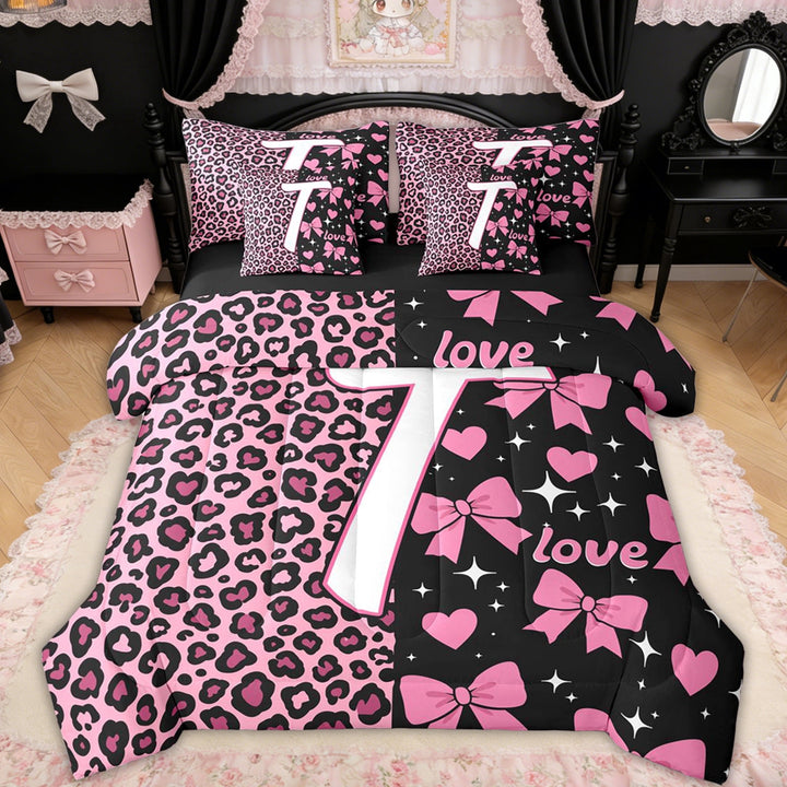 Erosebridal Leopard Print Letter T Bedding Comforter Set for Girls, Pink Initial Ribbon Full Bedding Set, Black Reversible, 7-Piece