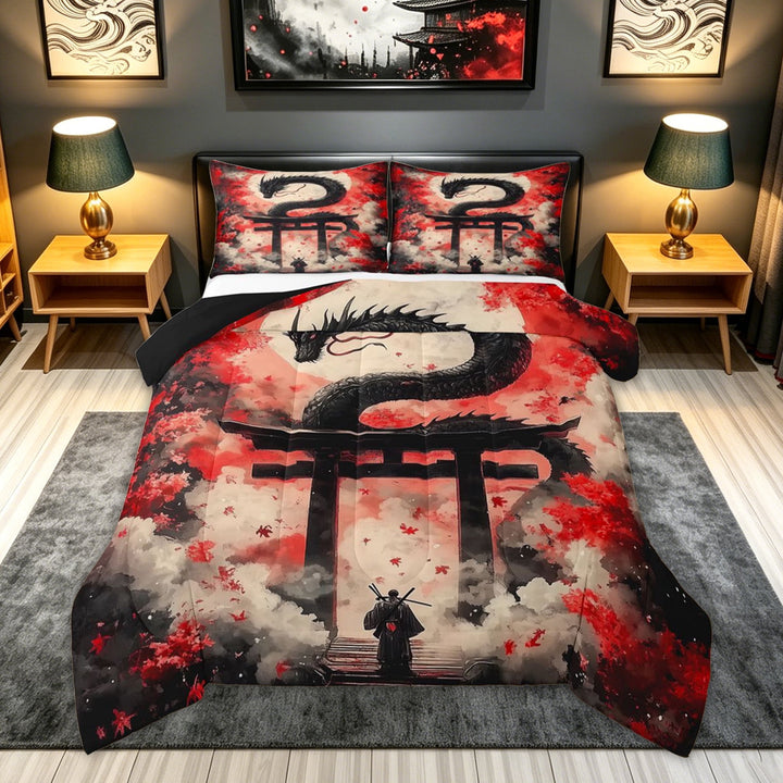 meiyoeat Samurai Japanese Dragon Full Size Comforter Sets for Boys, Galaxy Cherry Blossoms Bedding Comforter Set, Dark Crimson, Black Reversible, 3 Pieces, 1 Comforter and 2 Pillowcases
