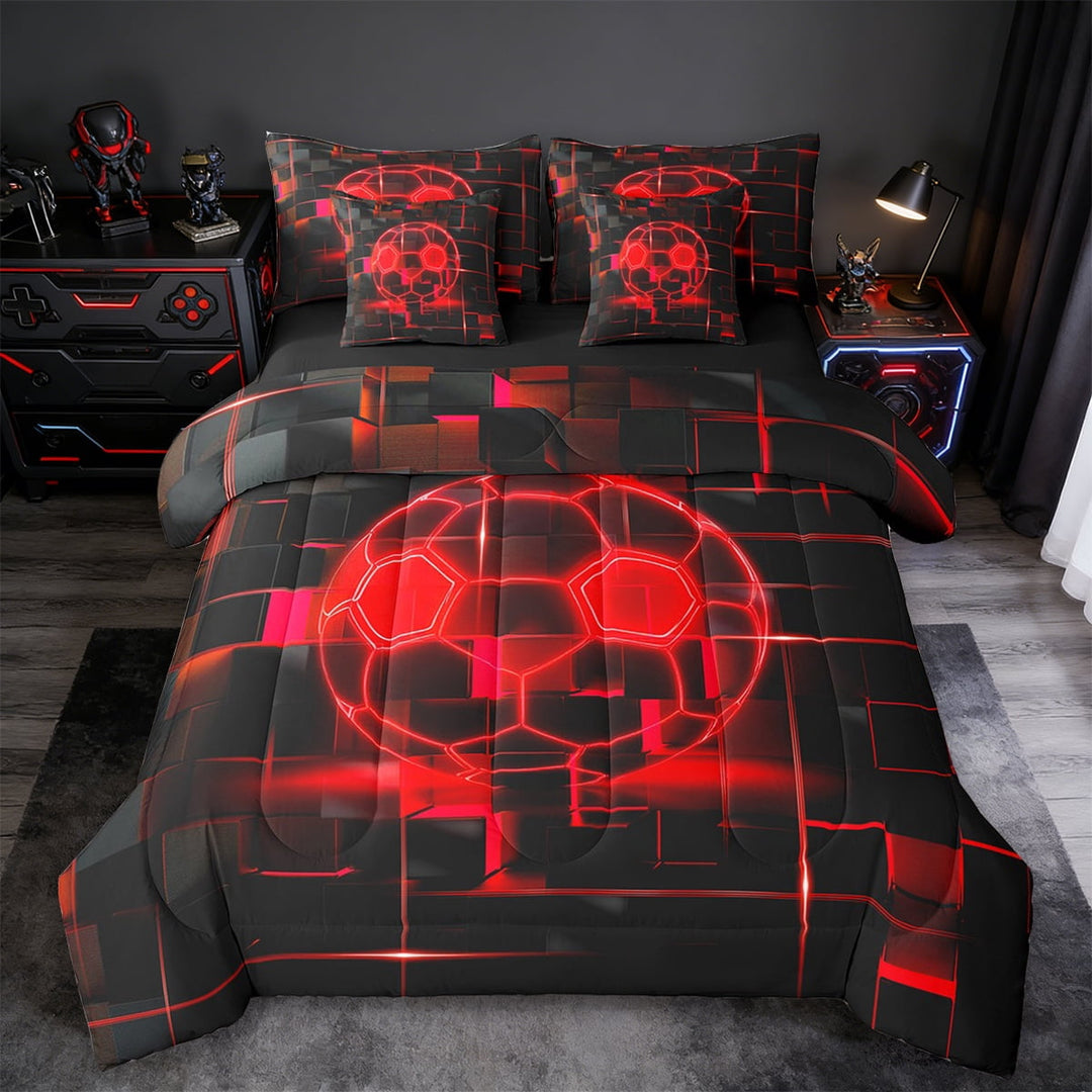 Erosebridal Girls Football Bedding Sets Twin Size,Sports Game Comforter Sets with Sheets,Red Geometric Glowing Plaid Bed in a Bag Twin Size,Microfiber Bedroom Decor Reversible,7-Piece