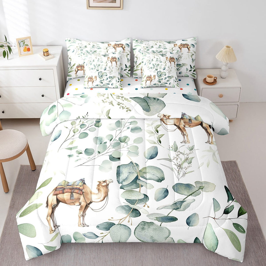 Kawaii Animal Bed in a Bag 7-Piece Cute Camel Bedding Set, Cartoon Wildlife Twin Comforter Set Green Leaf Bedding Comforter Sets, Spring Garden Plant Bed Set Bedroom Decor