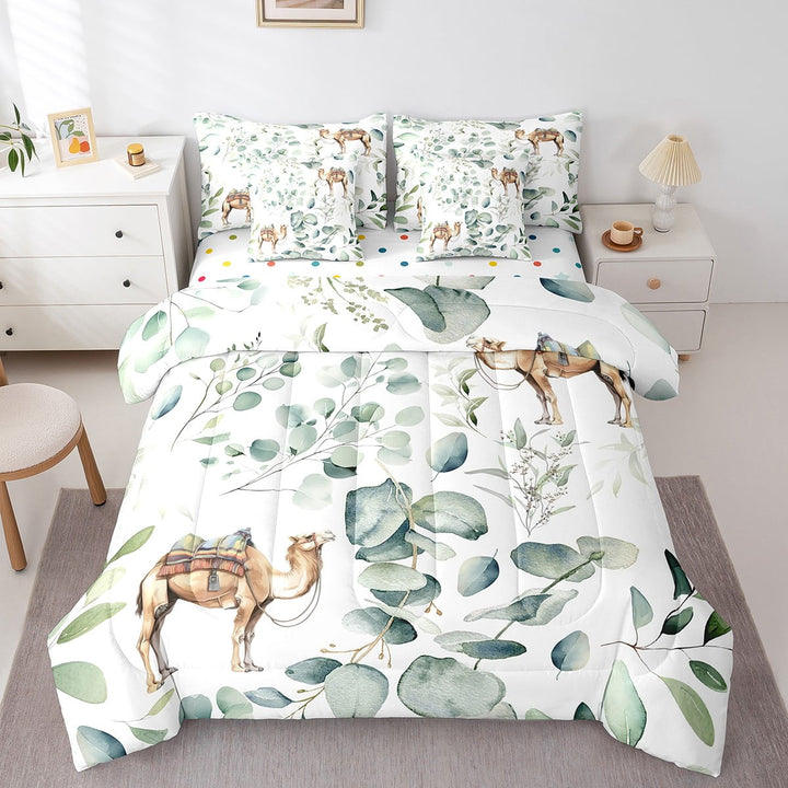 Kawaii Animal Bed in a Bag 7-Piece Cute Camel Bedding Set, Cartoon Wildlife Twin Comforter Set Green Leaf Bedding Comforter Sets, Spring Garden Plant Bed Set Bedroom Decor