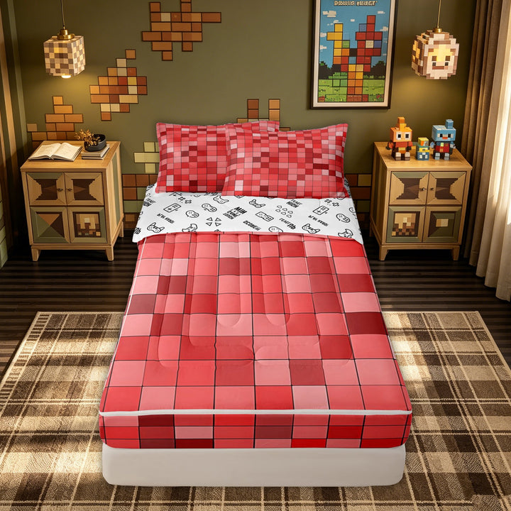meiyoeat Red Grid Zipper Twin Comforter Sets with Fitted Sheet and 2 Pillowcases for Kids, Gaming Pixel Zipper Bedding Set for Dorm, Red Pink, Gamepad ReversibleB