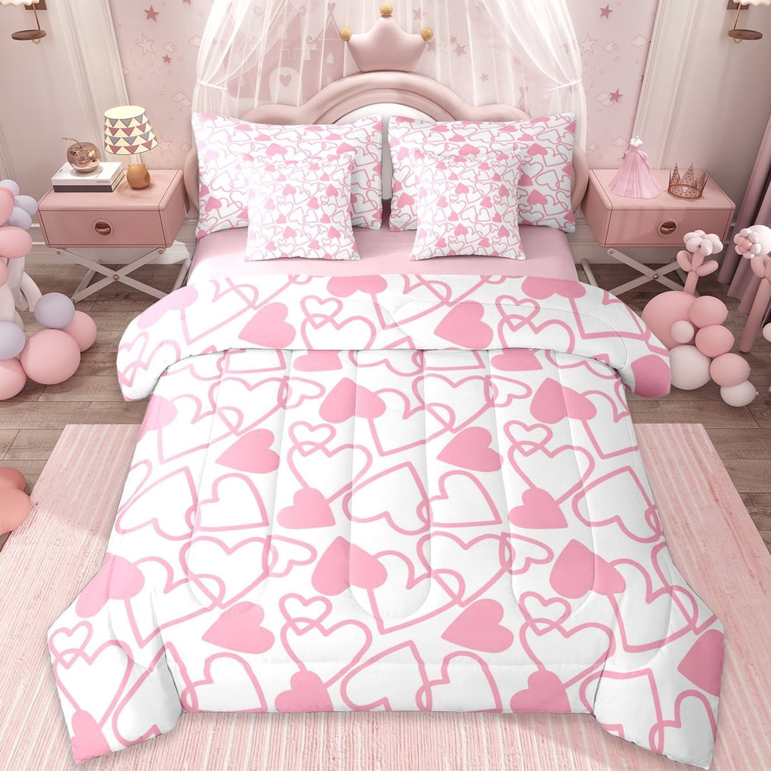 Erosebridal Dreamy Princess Style 7-Piece Twin Bedding Sets,Pink Loves Heart Bedding Comforter Set For Girls Kids,Reversible