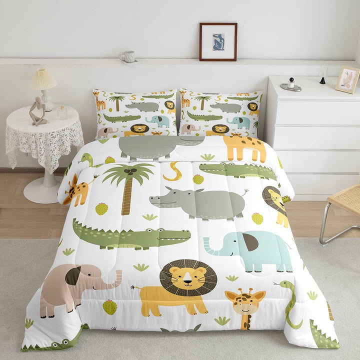 Wild Animals Comforter Set Safari Animals Print Comforter for Boys Girls Teens Cute Hippo Crocodile Lion Bedding Set Kids Cartoon Elephant Giraffe Duvet Set Room Decor Quilt Set Twin Size