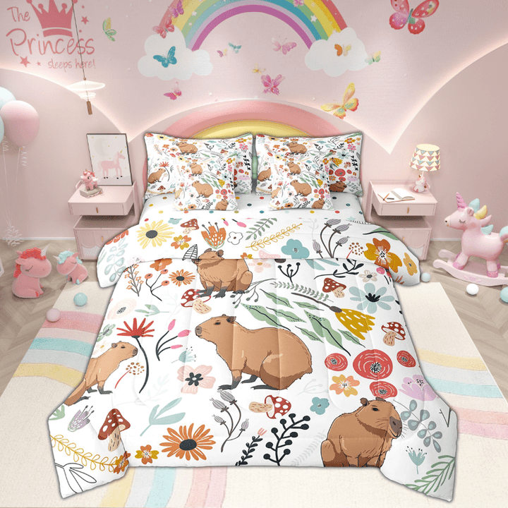 Cute Capybara Comforter Set 7 Piece Bed in a Bag Twin,Mushroom Floral Cartoon Animal Bedding Sets Watercolor Flowers Leaves Sheet Set with Comforter