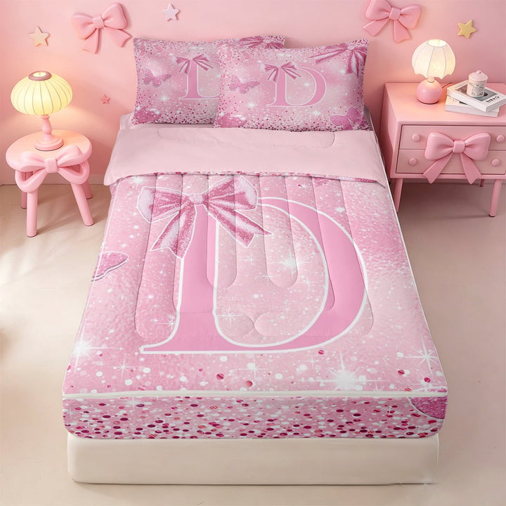 meiyoeat Pink 3D Cartoon Initial D Zipper Twin Comforter Sets with Fitted Sheet and 2 Pillowcases,Pink Sequin Print Butterfly Zipper Bedding Set For Girl,Pink Reversible,4-Piece