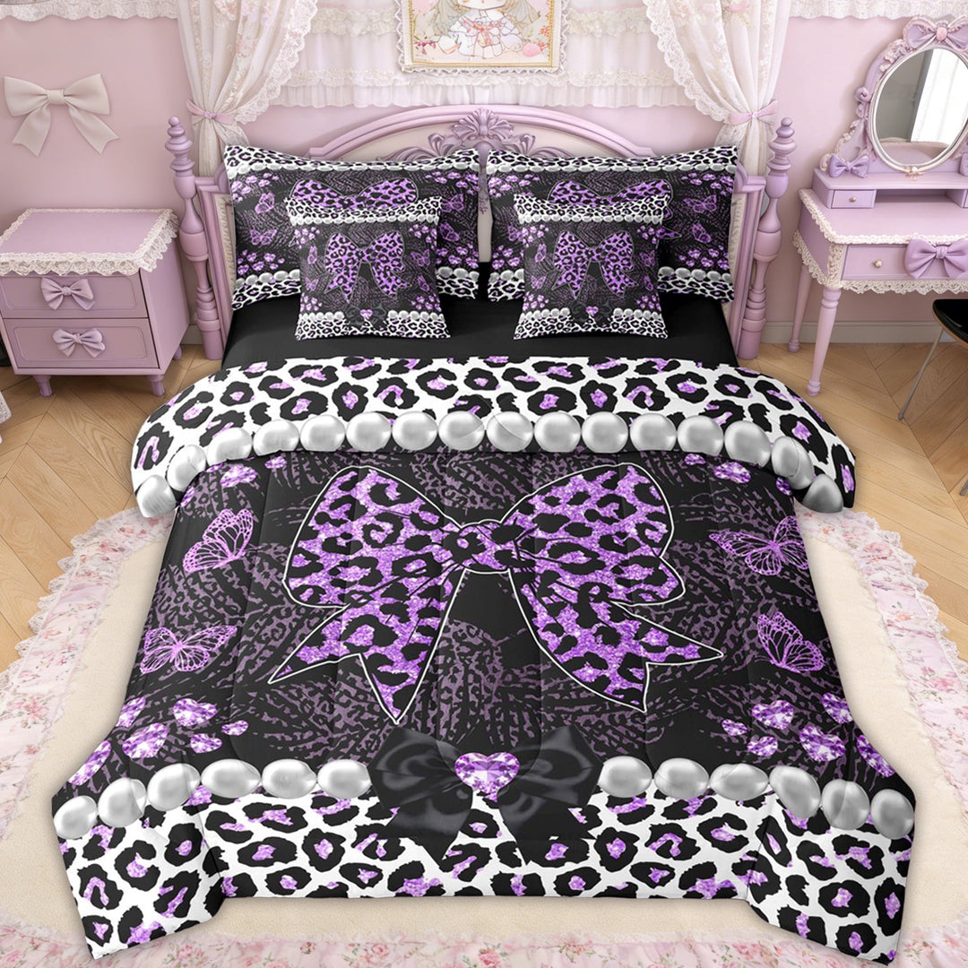 Erosebridal Leopard Print Bow Pearl Twin Bedding Sets for Girls, Purple Glitter Print Ribbon Bedding Comforter Set, Black Reversible, 7pcs