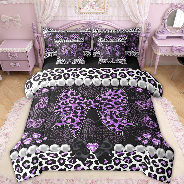 Erosebridal Leopard Print Bow Pearl Twin Bedding Sets for Girls, Purple Glitter Print Ribbon Bedding Comforter Set, Black Reversible, 7pcs
